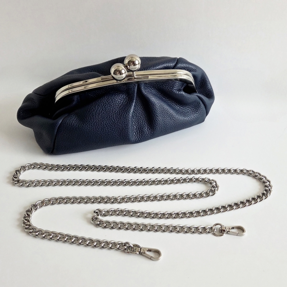 Italian Leather Navy Kisslock Clutch With Removable Silver Crossbody Chain, New - Picture 7 of 16